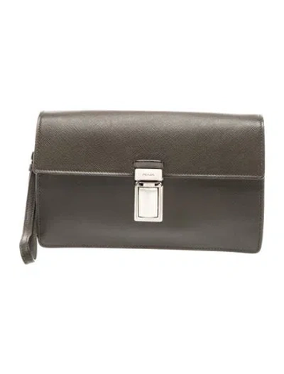 Pre-owned Prada Saffiano Leather Clutch In Grey