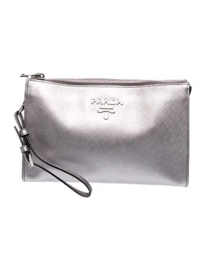 Pre-owned Prada Saffiano Leather Clutch Mini In Silver
