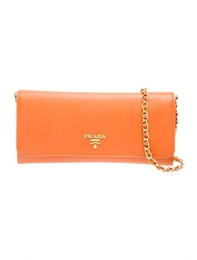 Pre-owned Prada Saffiano Leather Clutch In Orange