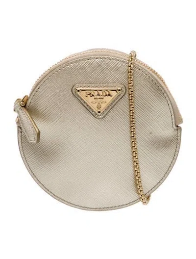 Pre-owned Prada Saffiano Leather Coin Pouch On A Chain Super Mini In Gold
