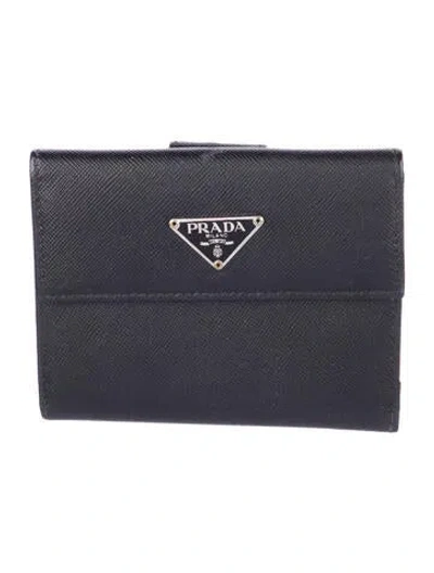 Pre-owned Prada Saffiano Leather Compact Wallet In Black