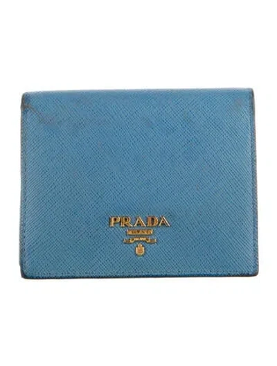 Pre-owned Prada Saffiano Leather Compact Wallet In Blue