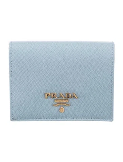 Pre-owned Prada Saffiano Leather Compact Wallet In Blue