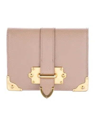 Pre-owned Prada Saffiano Leather Compact Wallet In Neutral