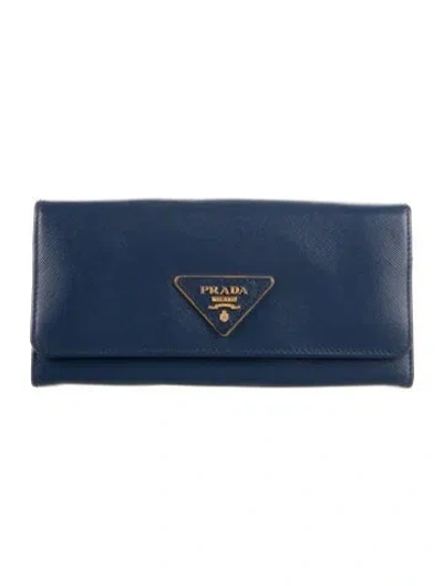 Pre-owned Prada Saffiano Leather Continental Wallet In Blue