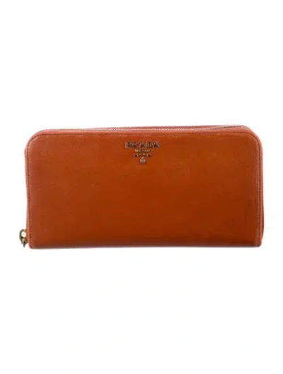 Pre-owned Prada Saffiano Leather Continental Wallet In Orange