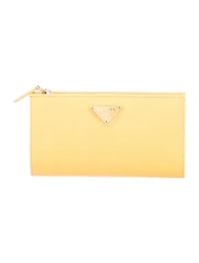 Pre-owned Prada Saffiano Leather Continental Wallet In Yellow