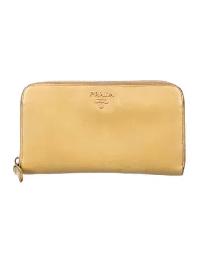 Pre-owned Prada Saffiano Leather Continental Wallet In Yellow