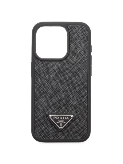 Prada Saffiano Leather Cover For Iphone 15 Pro In Black