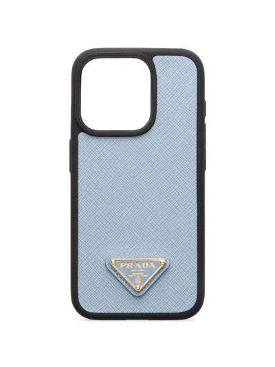 Prada Saffiano Leather Cover For Iphone 15 Pro In Blue