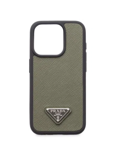 Prada Saffiano Leather Cover For Iphone 15 Pro In Green
