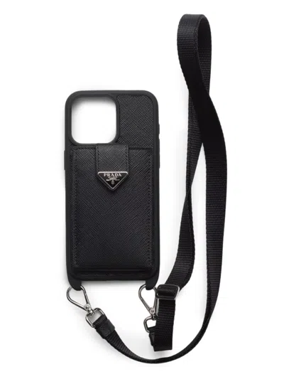 Prada Saffiano Leather Cover For Iphone 15 Pro Max In Black