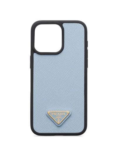 Prada Saffiano Leather Cover For Iphone 15 Pro Max In Blue