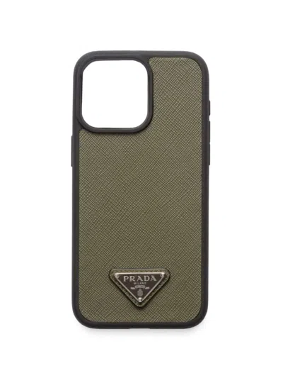 Prada Saffiano Leather Cover For Iphone 15 Pro Max In Green