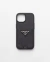 Prada Saffiano Leather Cover For Iphone 15 In Schwarz