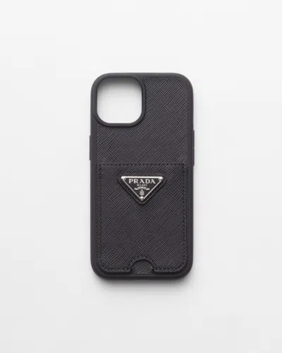 Prada Saffiano Leather Cover For Iphone 15 In Schwarz