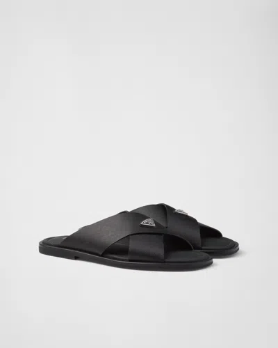 Prada Crisscross Logo-triangle Leather Sandals In Black