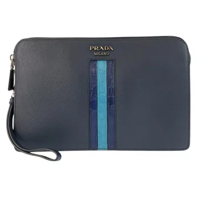 Pre-owned Prada Saffiano Leather Crocodile Clutch In Blue