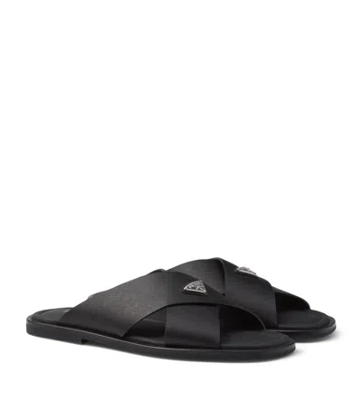 Prada Crisscross Logo-triangle Leather Sandals In Black