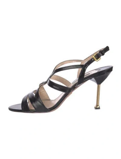 Pre-owned Prada Saffiano Leather Cutout Accent Slingback Sandals In Black