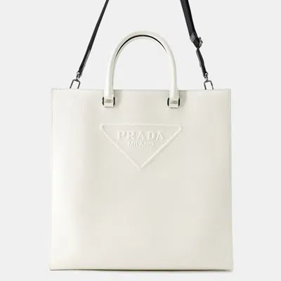 Pre-owned Prada Saffiano Leather Embossed Logo 2-way Tote Bag White Leather