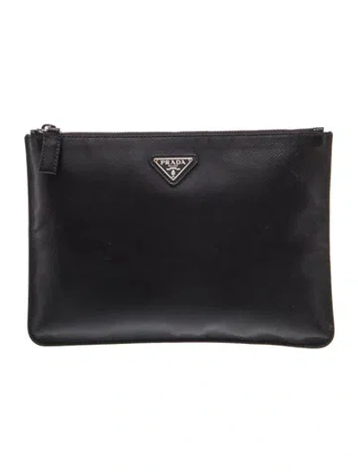Pre-owned Prada Saffiano Leather Enameled Metal Triangle Clutch In Black