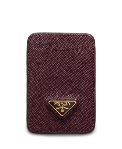 Prada Saffiano Leather Enameled Metal Triangle Logo Card Case In Brown
