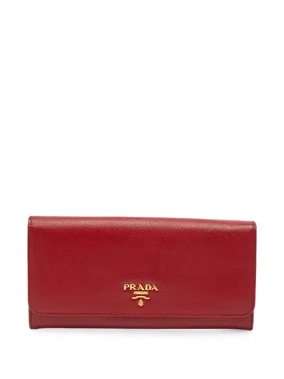 Pre-owned Prada Saffiano Leather Flap Wallet In Red