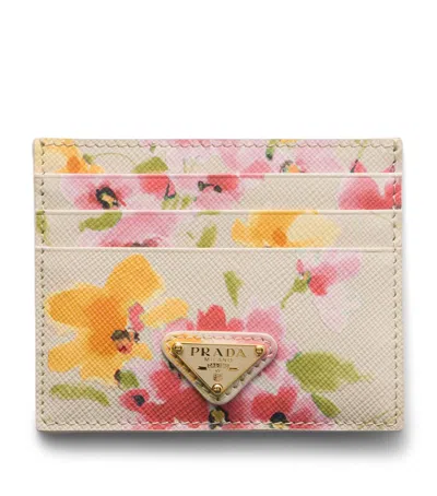 Prada Saffiano Leather Floral Card Holder In Neutral