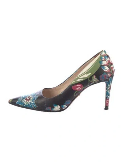Pre-owned Prada Saffiano Leather Floral Print Slingback Pumps In Black