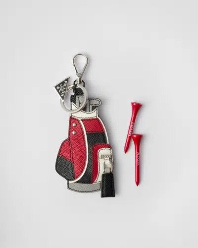 Prada Saffiano Leather Golf Tee Bag Charm In Schwarz/feuerrot