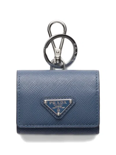 Prada Saffiano Leather Headphone Case With Keychain In Blue