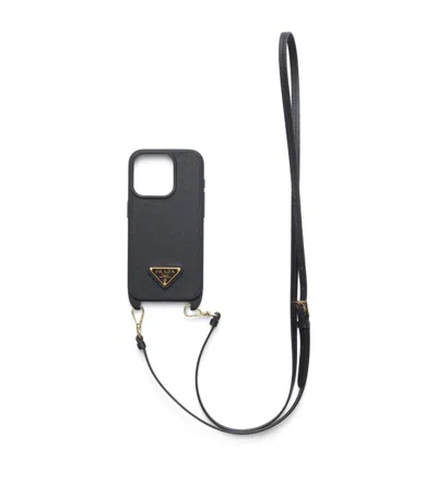 Prada Saffiano Leather Iphone 14 Pro Case In Black