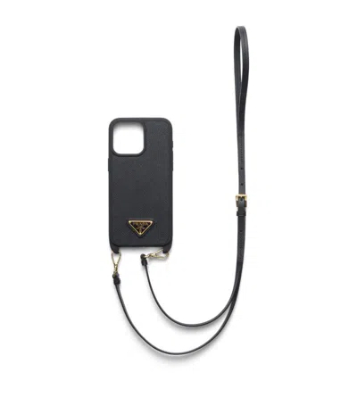 Prada Saffiano Leather Iphone 15 Pro Max Case In Black