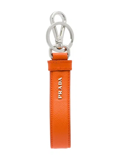 Prada Saffiano Leather Keychain In Orange