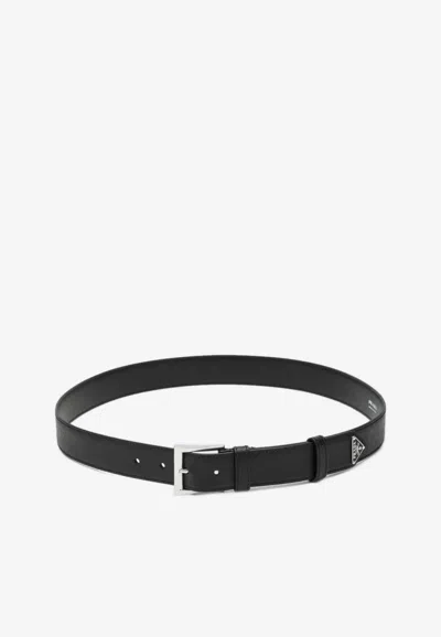 Prada Saffiano Leather Logo Belt In Black