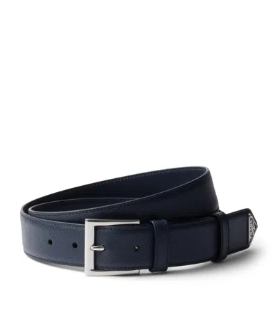 Prada Saffiano Leather Logo Belt In Blue