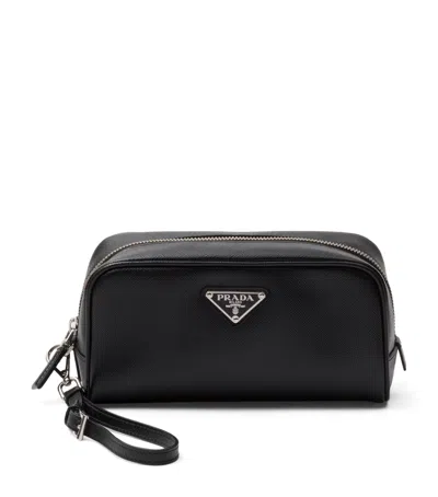 Prada Enamel-logo Saffiano Leather Clutch Bag In Black