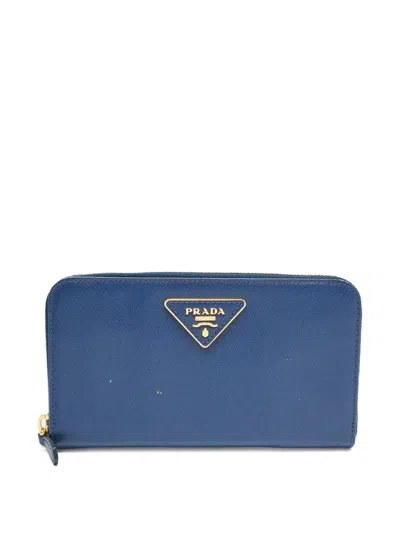 Pre-owned Prada Saffiano-leather Logo Wallet In Blue