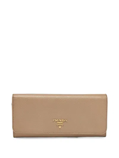 Pre-owned Prada Saffiano Leather Logo-plaque Continental Wallet In Neutrals