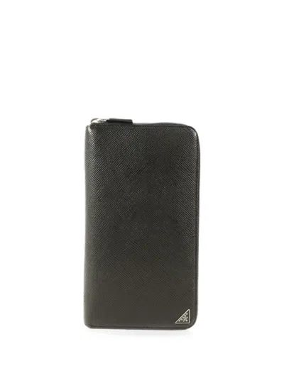 Pre-owned Prada Saffiano Leather Long Wallet In Black