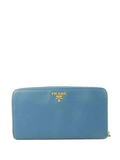 Pre-owned Prada Saffiano Leather Long Wallet In Blue