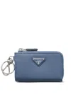 Prada Saffiano Leather Mini Pouch With Keychain In Blue
