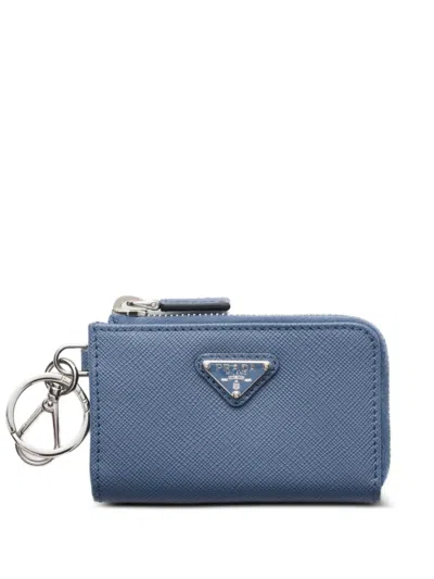 Prada Saffiano Leather Mini Pouch With Keychain In Blue