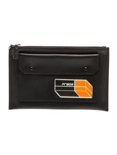 Pre-owned Prada Saffiano Leather Patch Clutch In Black