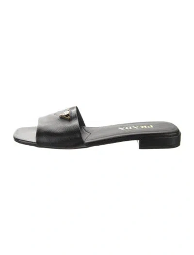 Pre-owned Prada Saffiano Leather Patent Leather Slides In Black