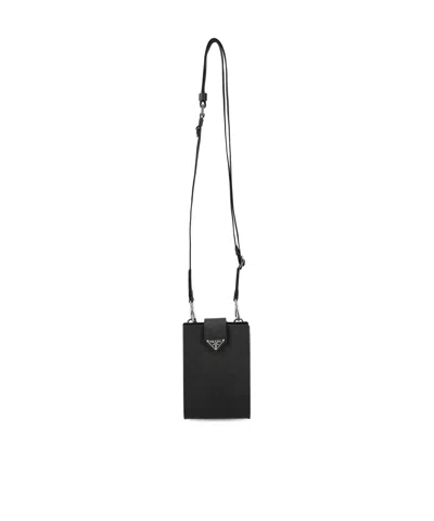 Prada Saffiano Leather Phone Case With Logo In Black