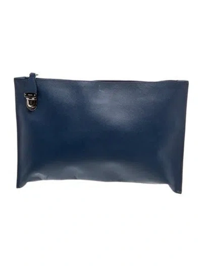 Pre-owned Prada Saffiano Leather Portfolio Clutch In Blue