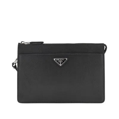 Prada Saffiano Leather Pouch With Triangle Logo In Black