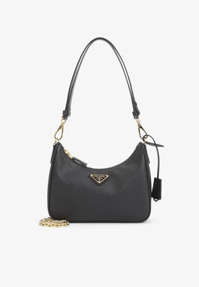 Prada Saffiano Leather Re-edition Shoulder Bag In Black
